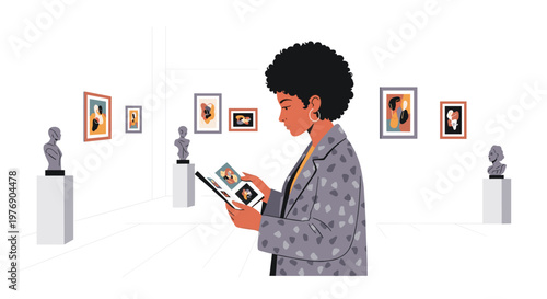 Woman with a stylish afro hairstyle stands in a modern art gallery reading a brochure while surrounded by framed abstract paintings and sculpted bust statues.