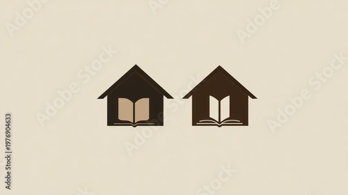 Two stylized house shapes each with an open book inside, against a cream background