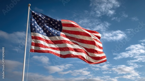 American Flag Waving on Blue Sky with Clouds Patriotic USA Background