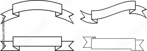 Minimalist ribbon banner vector set, black outline ribbon scrolls for titles, collection of 4 blank flag banners for graphic design and branding