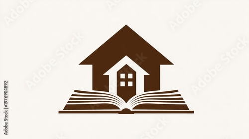 Brown house-shaped silhouette atop an open book against a cream backdrop, minimal graphic design