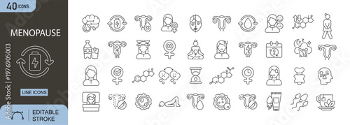 Menopause icons set representing women health, hormonal changes, aging, symptoms, wellness, care, support and medical awareness. Editable Stroke.