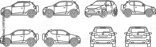 Compact SUV car outline vector set with multiple angles front side rear views modern vehicle line art collection