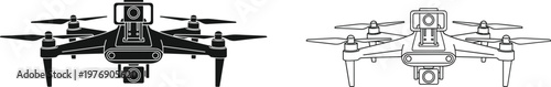 Drone quadcopter vector icons in silhouette and outline styles with camera aerial technology illustration set isolated design