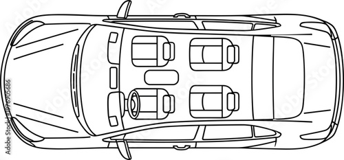 Top view car outline vector illustration with interior seats steering wheel and dashboard minimal line art design