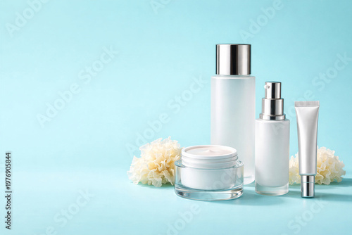 Snow mushroom hydrating gel and fluid skincare banner with blank packaging and tremella ingredient. For beauty ads, web banners, spa promotions and cosmetic branding.