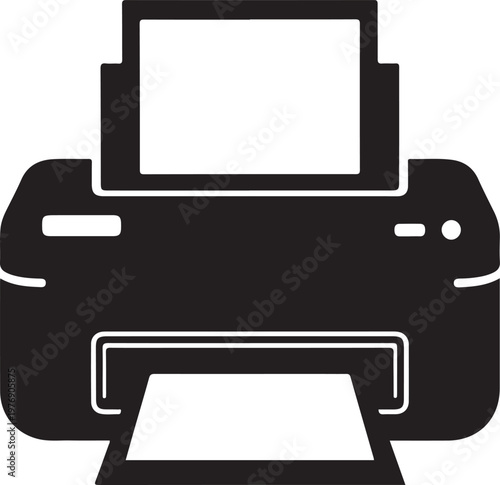 Simple graphic illustration of a modern printer with paper tray and LCD screen