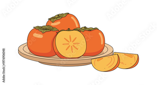 Wooden plate filled with ripe orange persimmons and sliced fruit pieces resting on a surface with additional fresh slices placed neatly beside the main dish.