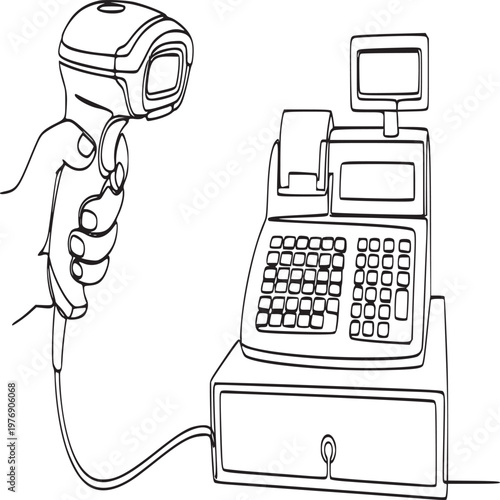Hand holding barcode scanner checking price on retail cash register at checkout counter