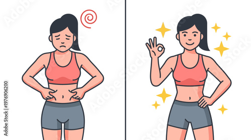Before and After Weight Loss Transformation: Woman Comparison Illustration showing Fitness Success and Body Confidence