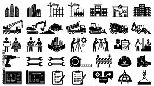 Comprehensive Construction and Engineering Icon Set: Heavy Machinery, Building Infrastructure, Architectural Planning, and Site Safety Equipment Vector Icons