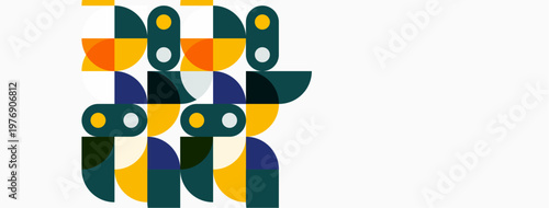 Abstract geometric shapes, birds perhaps, using teal, gold, navy, white. Minimalist design, clean lines, modern aesthetic.