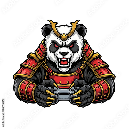 Angry panda bear in samurai armor playing video games aggressively with controller
