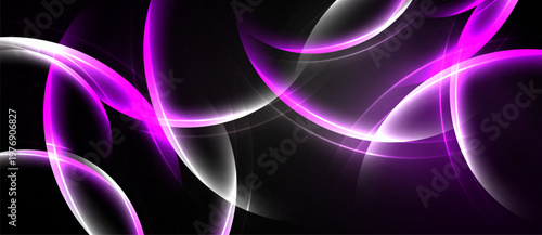 Abstract design features flowing curves, vibrant pinks, whites against dark background. Dynamic composition creates modern visual impact.