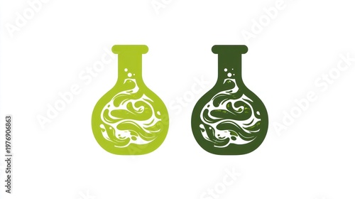 Two flasks, one green, one dark green, filled with swirling, abstract white patterns