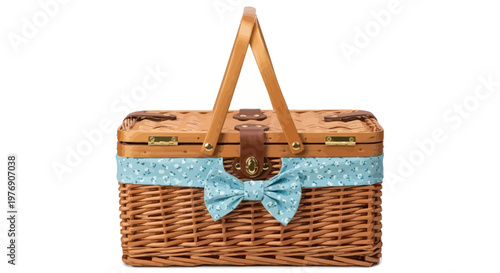 A wicker picnic basket adorned with a blue ribbon bow sits on a surface.