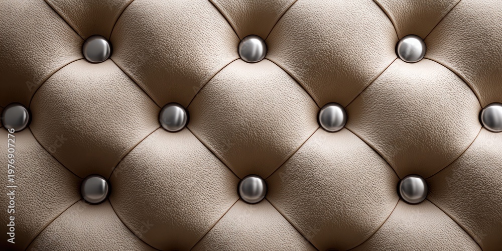 Obraz premium Close-up of beige tufted leather upholstery with silver nailhead trim for a luxurious texture