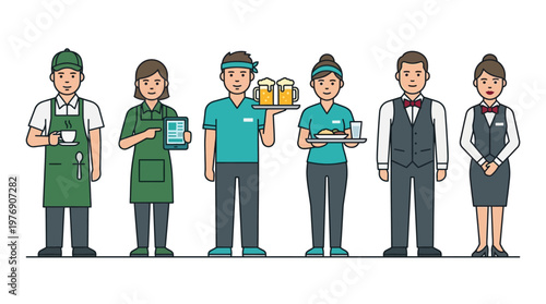 Restaurant Staff and Hospitality Workers Set - Professional Waiter, Waitress, Barista, and Catering Team Characters in Uniform Flat Vector Illustration