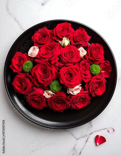 A top-down shot displays a round black dish overflowing with vibrant red roses, interspersed with small pink and green blooms