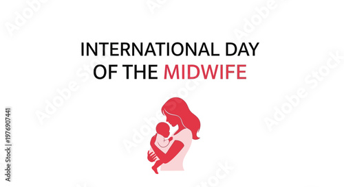 International Day of the Midwife minimalist red icon of a mother holding baby, isolated white background