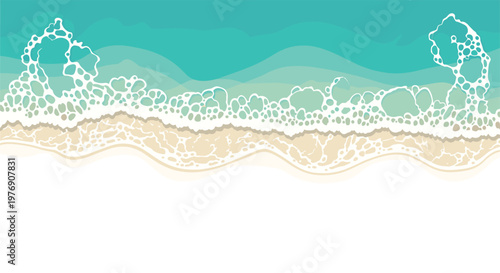 Detailed top down perspective of turquoise ocean waves crashing against a smooth sandy shoreline with intricate white foam patterns and clear water hues.