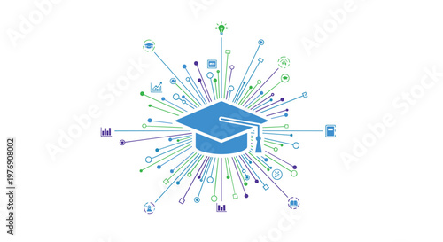 Vibrant blue graduation cap icon positioned centrally with numerous colorful lines radiating outwards to small icons representing diverse learning resources.