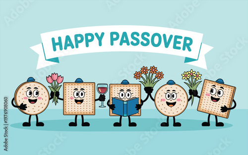 Happy passover cartoon characters with matzah, wine, and flowers