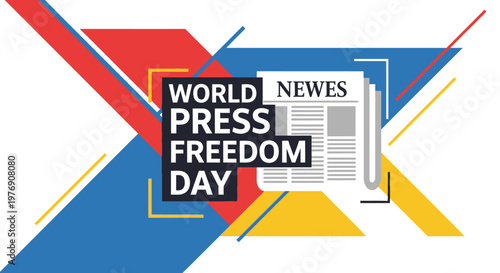 Dynamic World Press Freedom Day design with newspaper icon and abstract geometric shapes in red, blue, and yellow on a bright studio background.