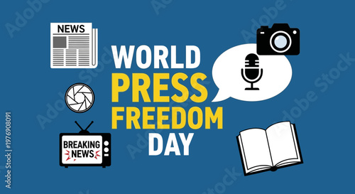 Comprehensive World Press Freedom Day illustration featuring icons like a newspaper, camera, microphone, breaking news television, and an open book on a vibrant blue background.