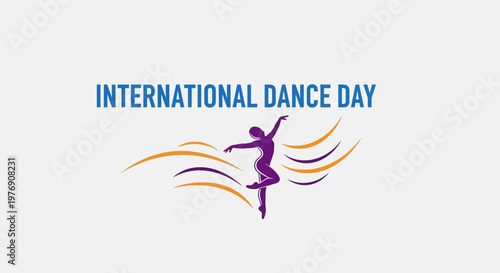 Elegant International Dance Day design with a purple female dancer silhouette and dynamic orange and purple flowing lines on a light gray background.