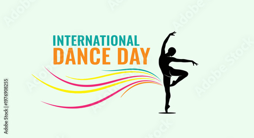 Graceful International Dance Day banner with a female dancer silhouette and colorful flowing lines on a subtle light green background.
