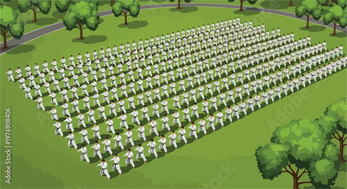Martial arts karate class in a park, large group of students in white uniforms training outdoors, isometric vector illustration of mass sport event
