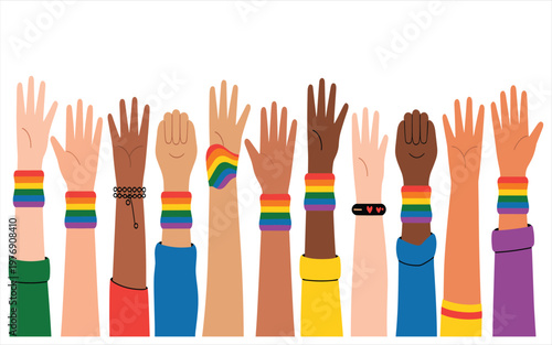 Diverse raised hands with rainbow pride wristbands and sleeves