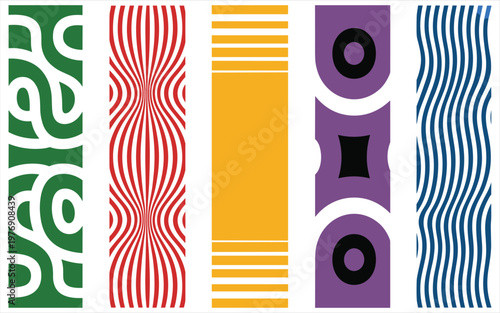 Five vertical decorative panels with geometric and organic patterns