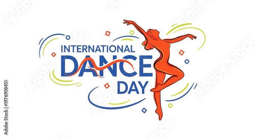 International Dance Day banner with a dynamic female dancer silhouette and abstract patterns on an isolated white background.