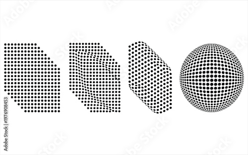 Four black and white halftone dot patterns with geometric distortions