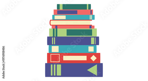 Colorful stacked books, book pile, education icons, library elements, vector illustration
