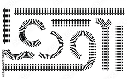 Set of black railway track segments, curves, and switches