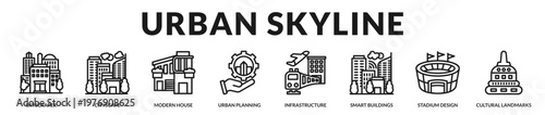 Urban development featuring skyline growth, infrastructure, and cultural architectural landmarks in Lineal Icon Style