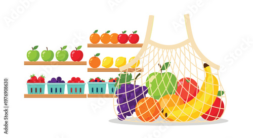 A reusable mesh bag overflowing with fresh apples and bananas rests on a clean surface beside wooden store shelves stocked with vibrant seasonal organic produce.
