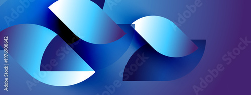 Abstract blue shapes overlap, creating dynamic visual effect. Gradient colors suggest depth, movement, modern design.