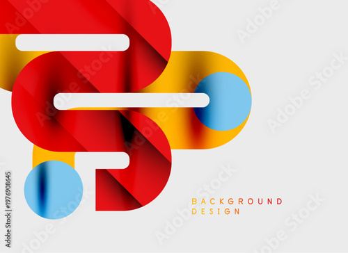 Abstract design features vibrant red, yellow, blue shapes. Modern composition creates dynamic visual impact. Clean background enhances colorful elements.