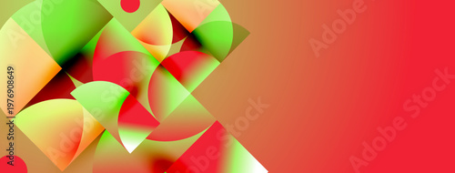 Abstract shapes, vibrant colors blend. Red dominates right side, green, yellow occupy left. Modern design, dynamic composition.