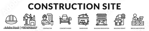 Construction activities highlighting safety equipment, materials, and project execution on site in Lineal Icon Style