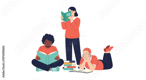Vector illustration of people reading, students studying, book lovers, education concept