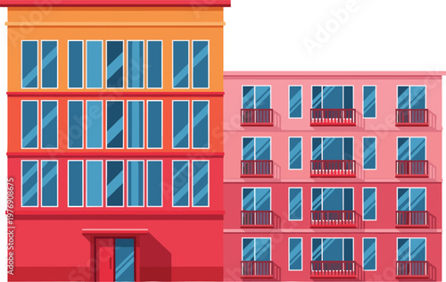 Colorful Residential Building Set with Modern Architecture Featuring Apartments and Large Windows for Urban and Real Estate Concepts