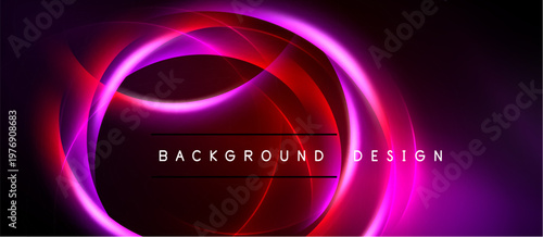 Abstract neon design features glowing red, purple circles. Dark background enhances vibrant light effects. Text reads background design.