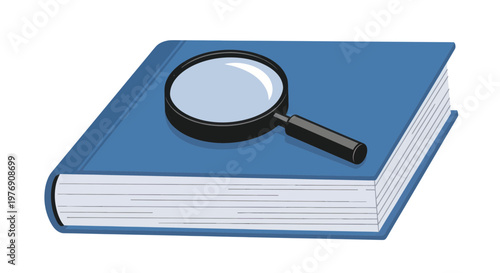 Blue book, magnifying glass, education, research, vector icon