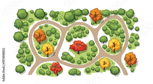 Aerial view park landscape vector, top down garden map with winding paths and autumn trees, green forest parkland plan for site design
