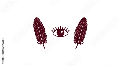 Simple graphic of eye between two stylized feathers, reddish-brown on a white background